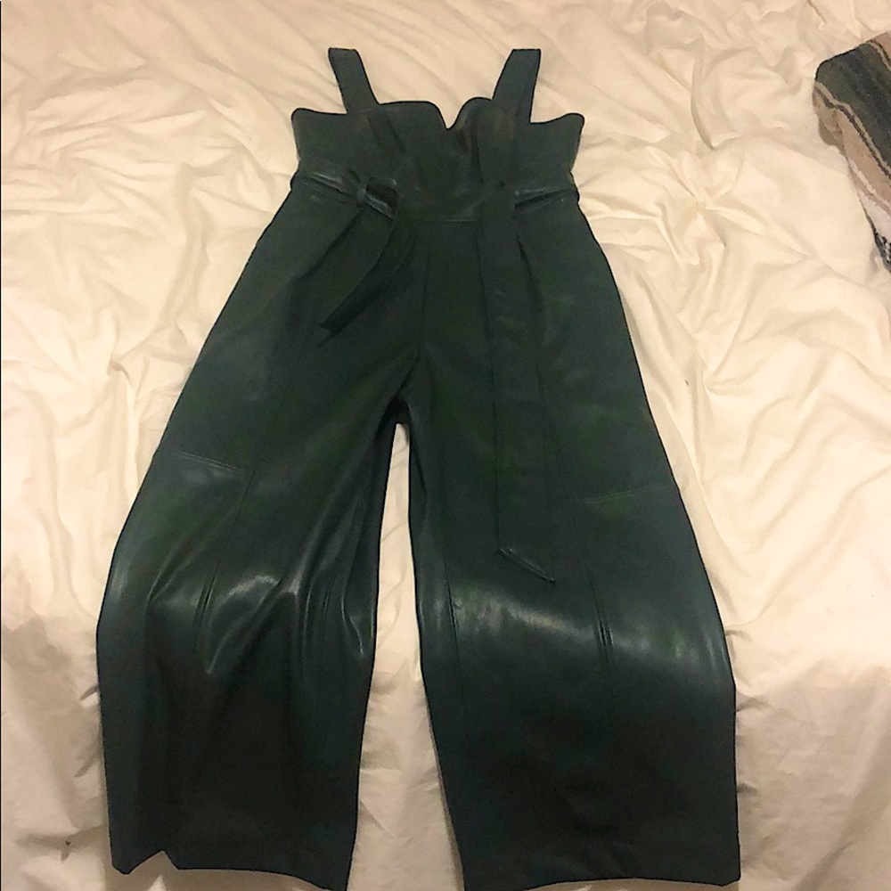 NWT Anthropologie faux leather dark green overalls